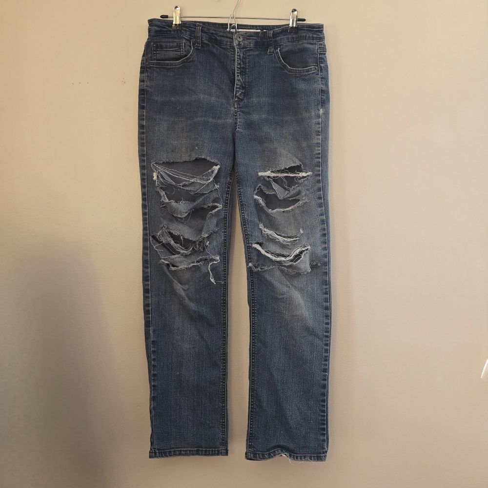 Jones New York Women's 12 Distressed Dark Blue Straight Leg Jeans